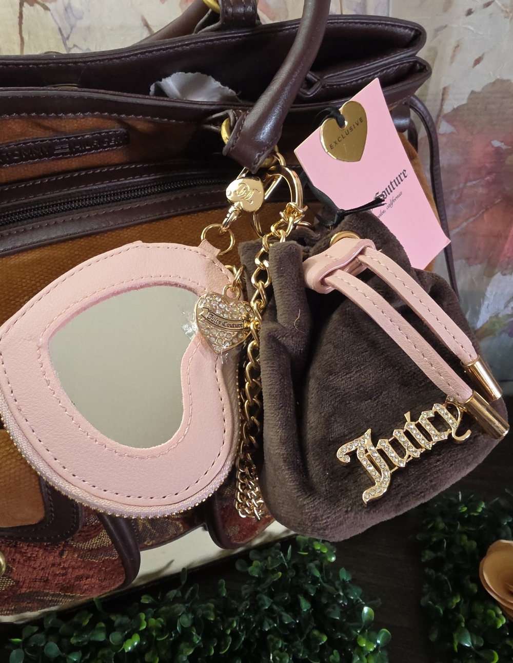 Juicy Couture Exclusive Chocolate Velvet Drawstring Micro Bag -Clip & Go